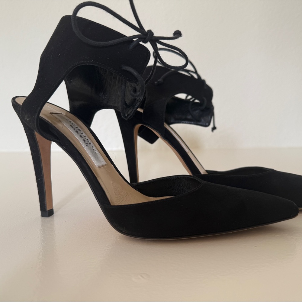 Black suede ankle tie shoes. Saks Fifth Avenue Brand. Sexy 4 inch heels.